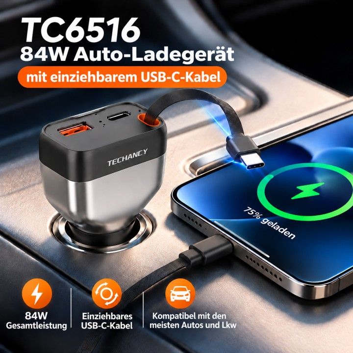 TECHANCY TC6516 84W Autoladegerät mit 80 cm einziehbarem USB-C-Kabel, 3 USB-C- und USB-A-Schnellladeausgängen