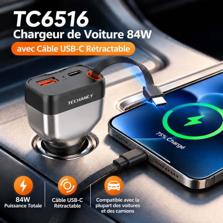Chargeur de voiture TECHANCY TC6516 84W avec câble USB-C rétractable de 80 cm, 3 ports de charge rapide USB-C et USB-A