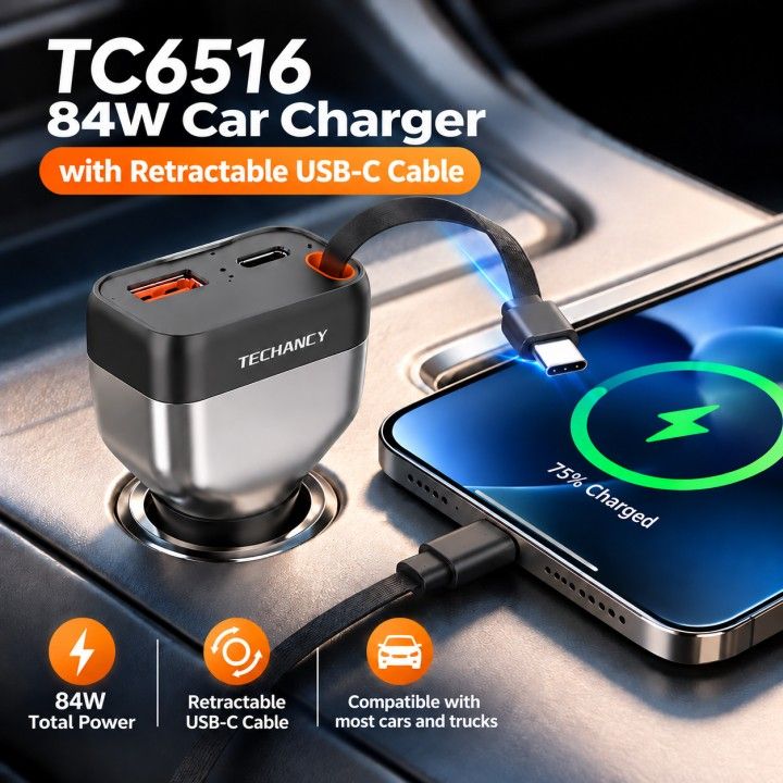 TECHANCY TC6516 84W Car Charger with 80cm Retractable USB-C Cable, 3 USB-C and USB-A Fast Charging Outputs