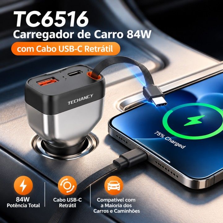 Carregador de carro TECHANCY TC6516 84W com cabo USB-C retrátil de 80 cm, 3 saídas de carregamento rápido USB-C e USB-A