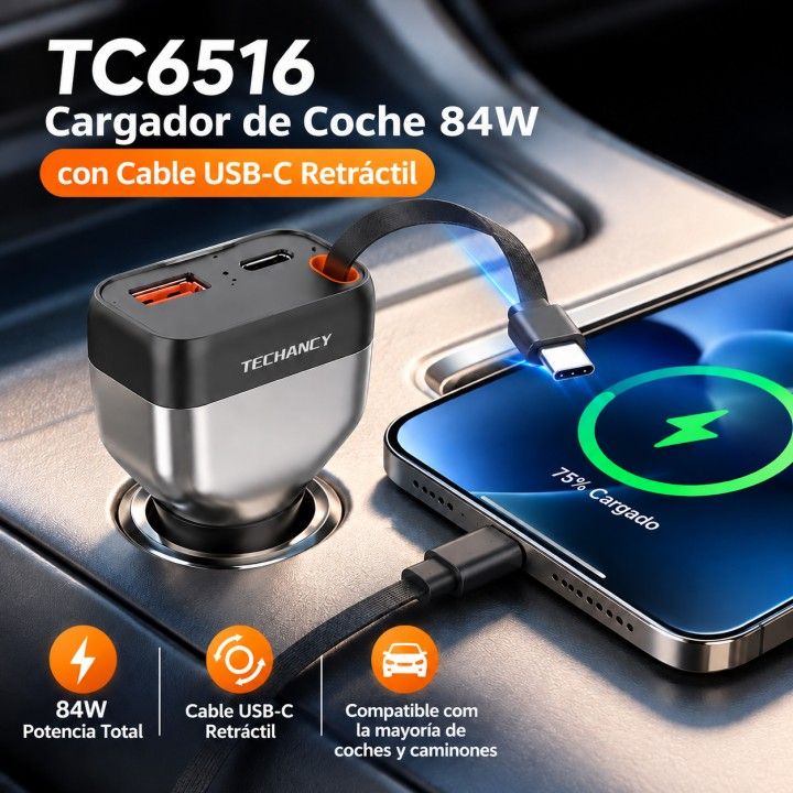 Cargador para coche TECHANCY TC6516 de 84 W con cable USB-C retráctil de 80 cm y 3 salidas de carga rápida USB-C y USB-A.