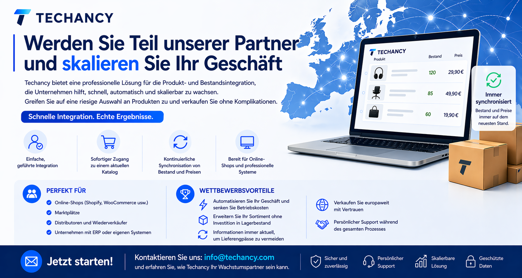 Schließen Sie sich unseren Partnern an und skalieren Sie Ihr Geschäft. Techancy bietet eine professionelle Lösung zur Produkt- und Bestandsintegration, die speziell für Unternehmen entwickelt wurde, die schnell, automatisch und skalierbar wachsen wollen.
