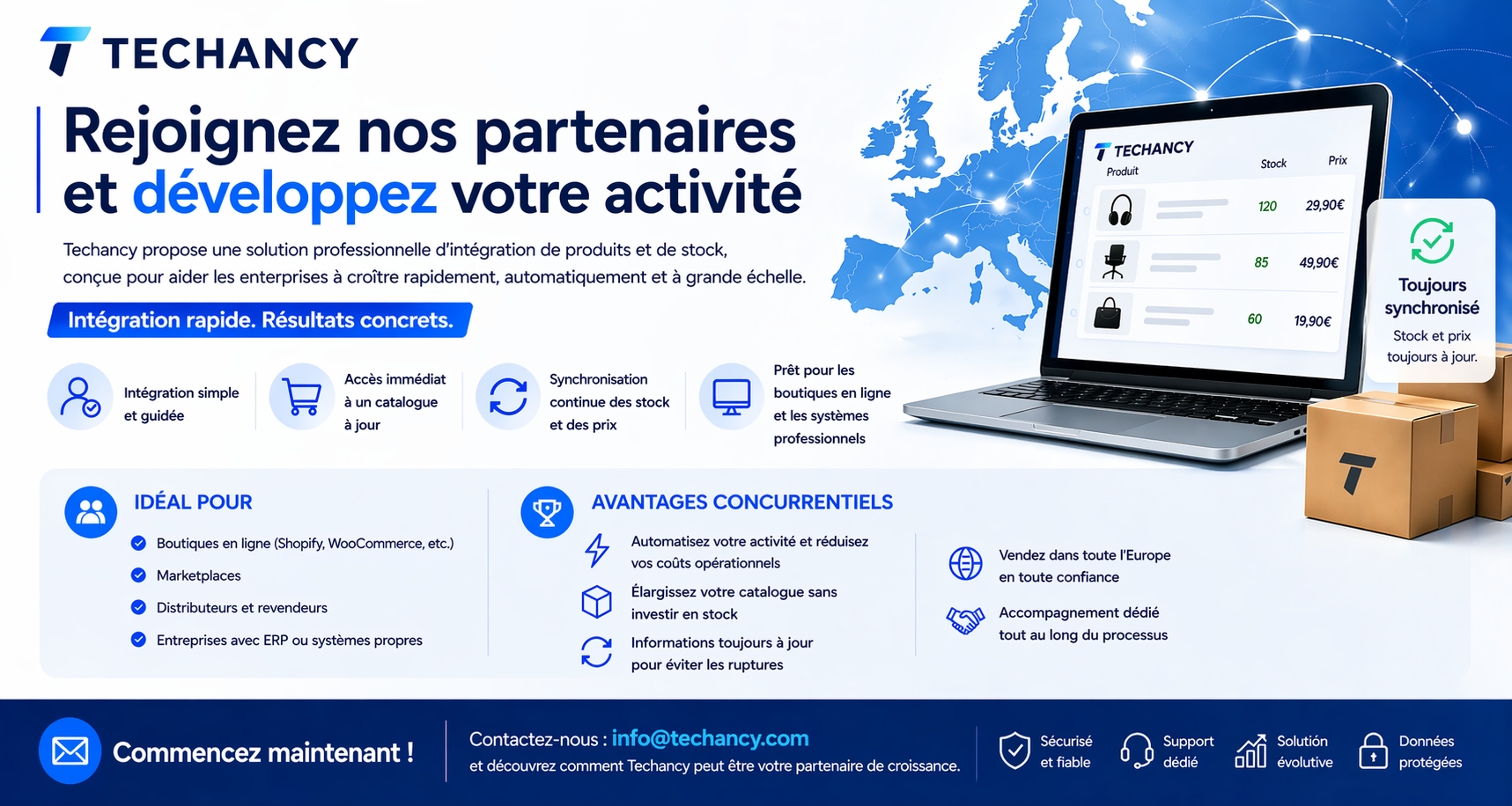 Rejoignez nos partenaires et développez votre activité. Techancy propose une solution professionnelle d'intégration de produits et d'inventaire, conçue pour les entreprises qui souhaitent croître rapidement, automatiquement et de manière évolutive.