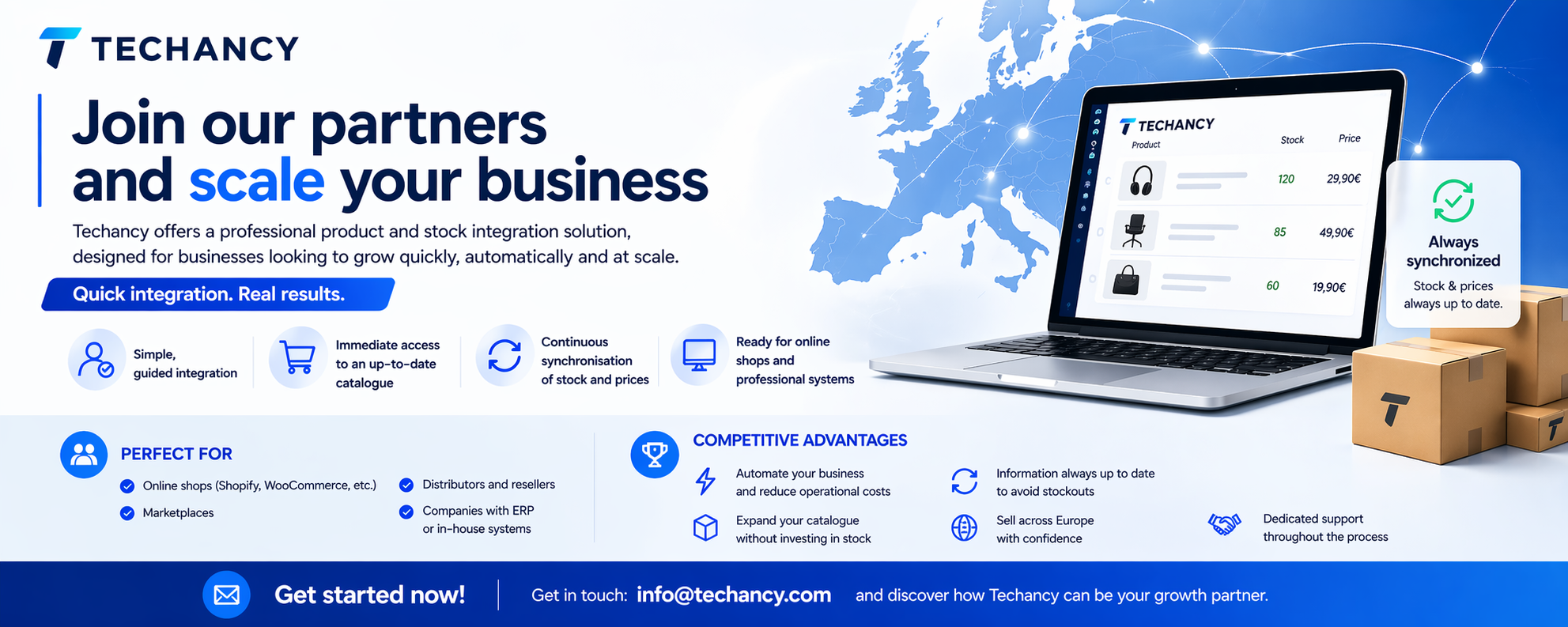 Join our partners and scale your business. Techancy offers a professional product and inventory integration solution, designed for companies that want to grow quickly, automatically, and scalably.