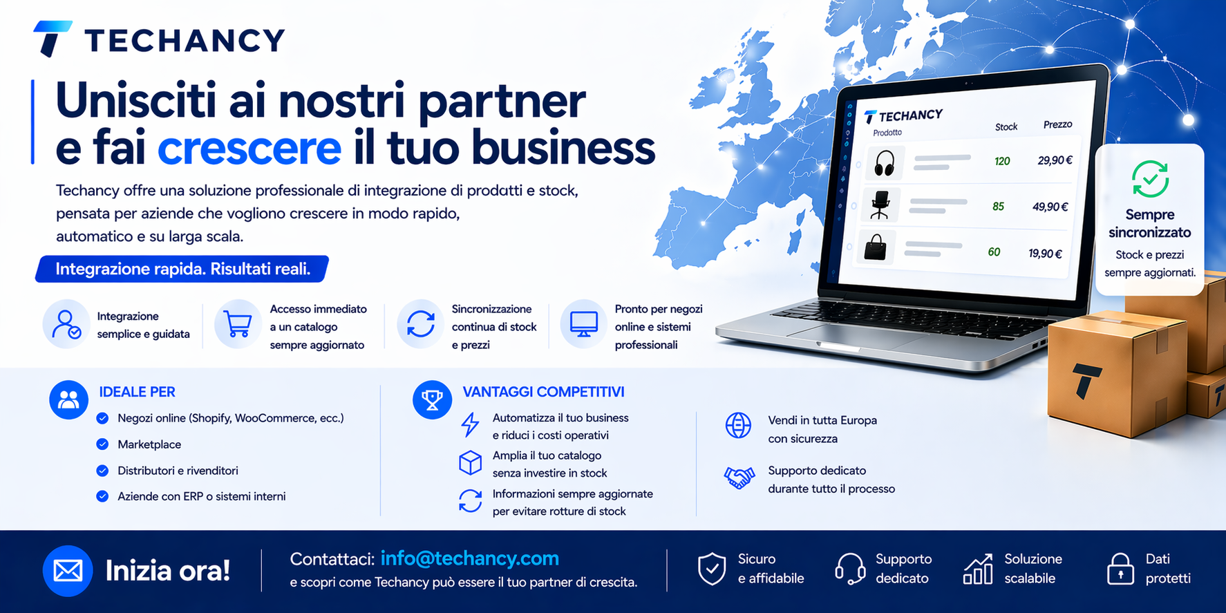 Unisciti ai nostri partner e fai crescere la tua attività. Techancy offre una soluzione professionale di integrazione di prodotti e inventario, pensata per le aziende che desiderano crescere in modo rapido, automatico e scalabile.