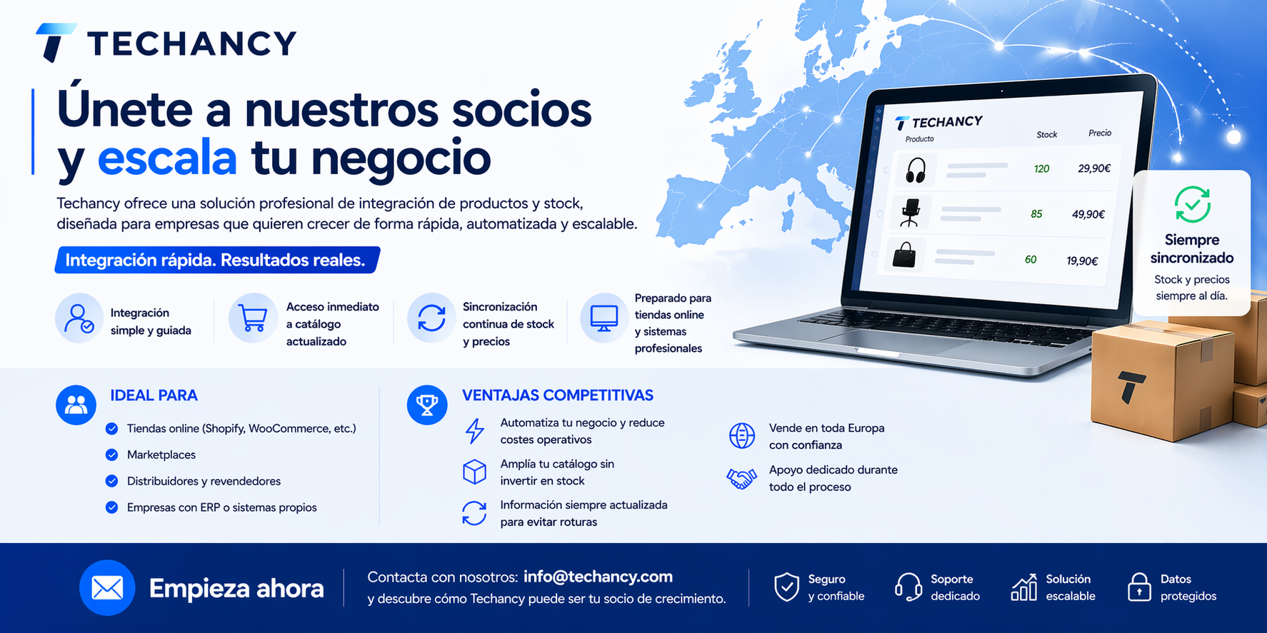 Únete a nuestros socios y expande tu negocio. Techancy ofrece una solución profesional de integración de productos e inventario, diseñada para empresas que desean crecer de forma rápida, automática y escalable.