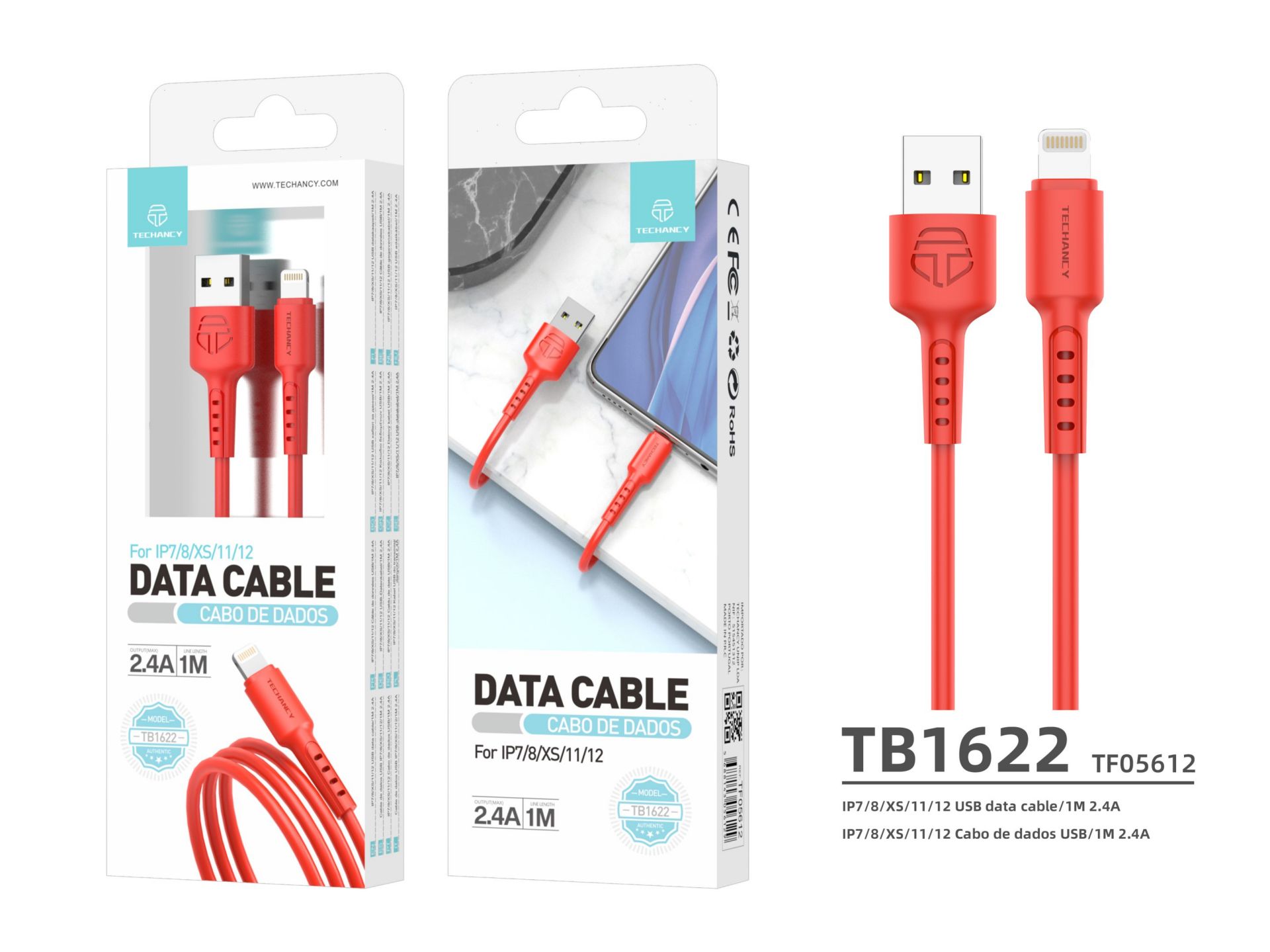 USB-Kabel f�r IP 6/7/8 / X / Xs 2A 1M Rot