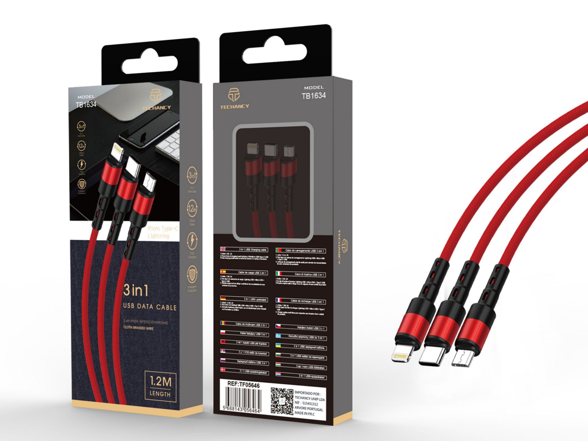 Cabo Usb 3In1 2A 1.2M Vermelha Cabo Usb 3In1 2A 1.2M Vermelha