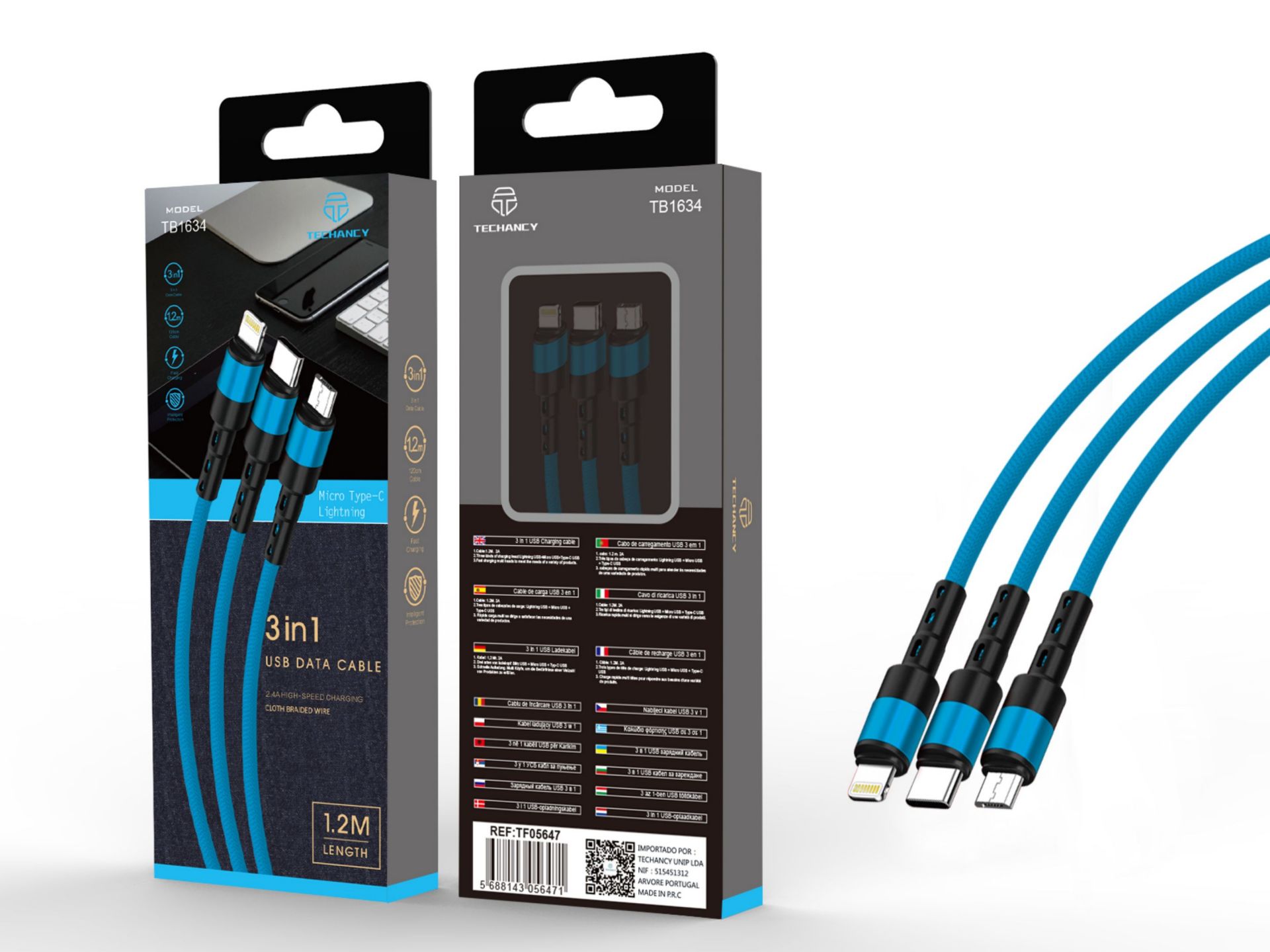 Cabo Usb 3In1 2A 1.2M Azul Cabo Usb 3In1 2A 1.2M Azul