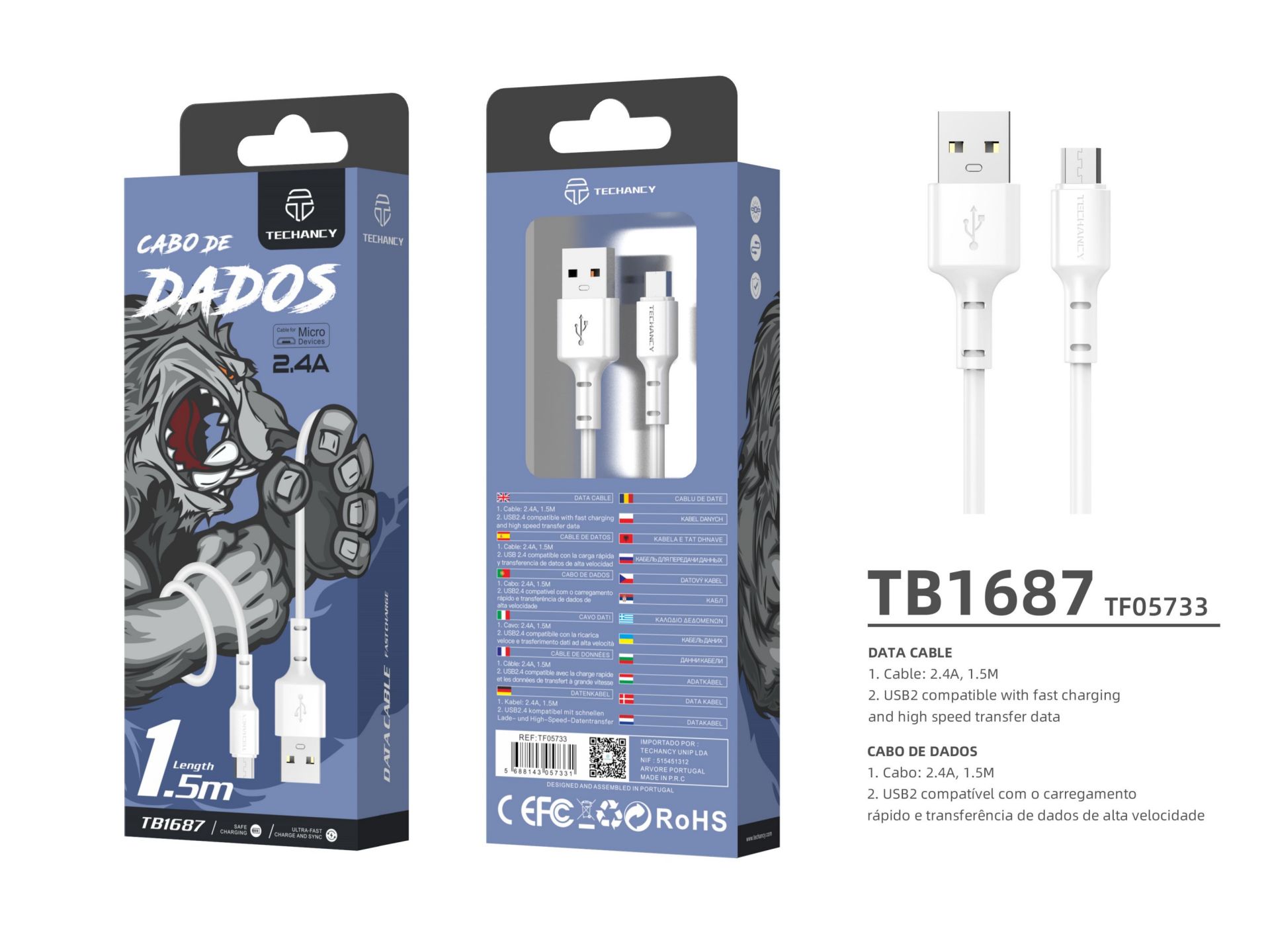 Cable Micro Usb 2.4A 1.5 m de blanco
