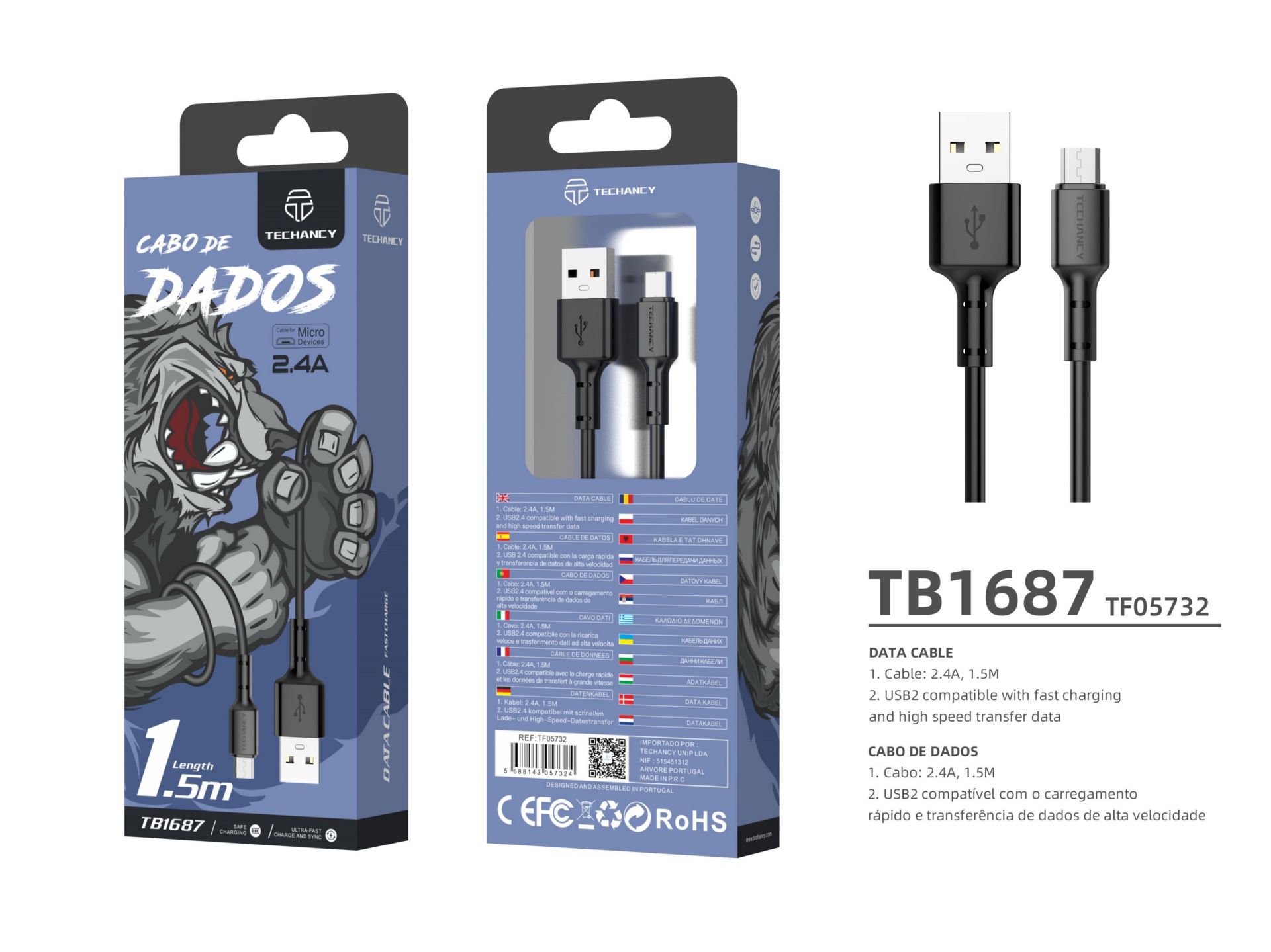 Cable Micro Usb 2.4A 1.5 m negro