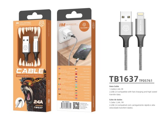 Cabo Usb Para Ip 7/8/Xs/11/12 2.4A 1M Cinzento