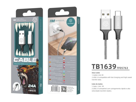 Usb Cable Type C 2.4A 1M Gray