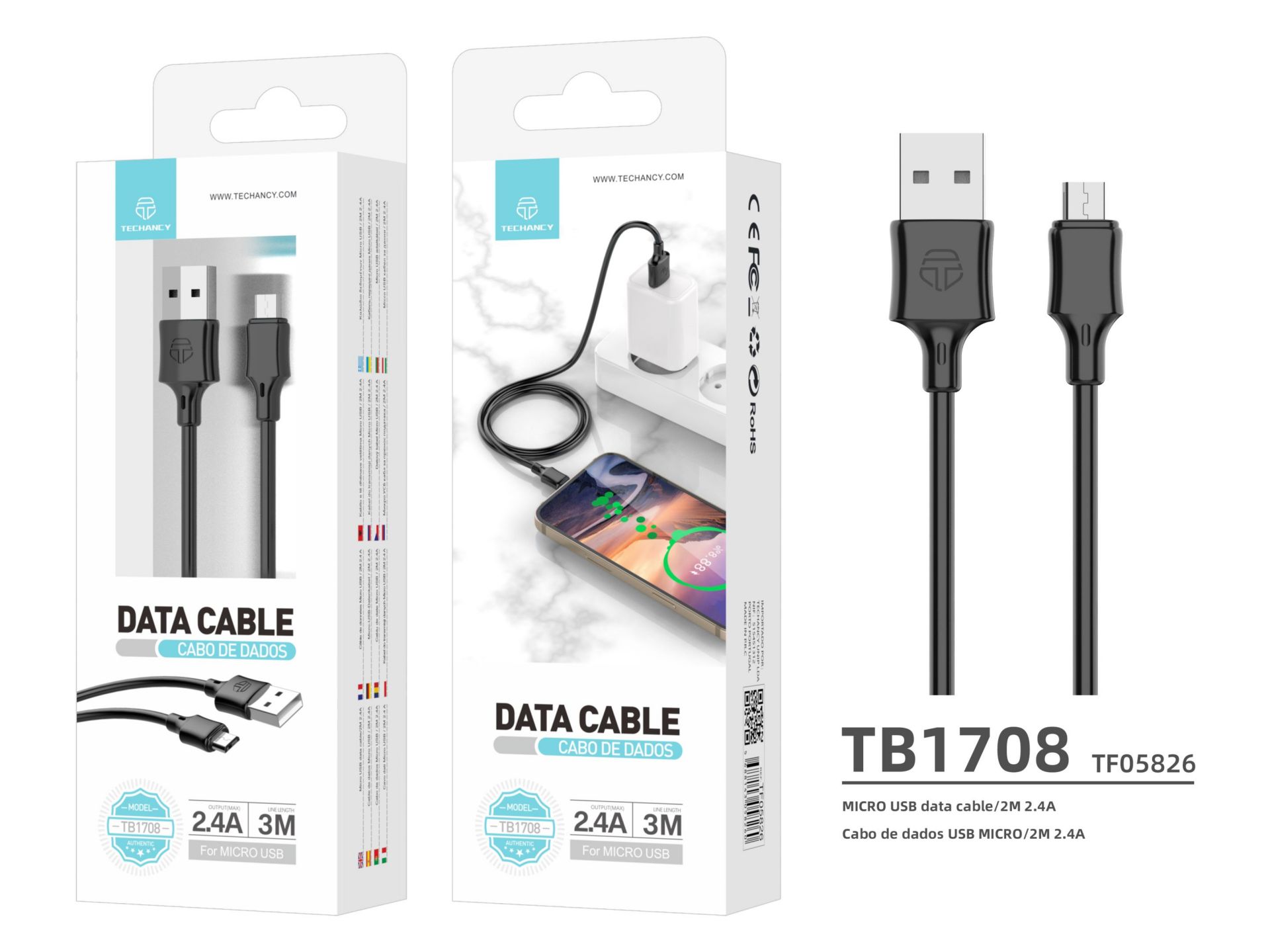 Línea de datos Pvc 3M Micro Usb Black 2.4A Línea de datos Pvc 3M Micro Usb Black 2.4A