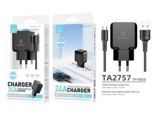 Cargador con cable USB-C 2.4A 1M 2USB negro