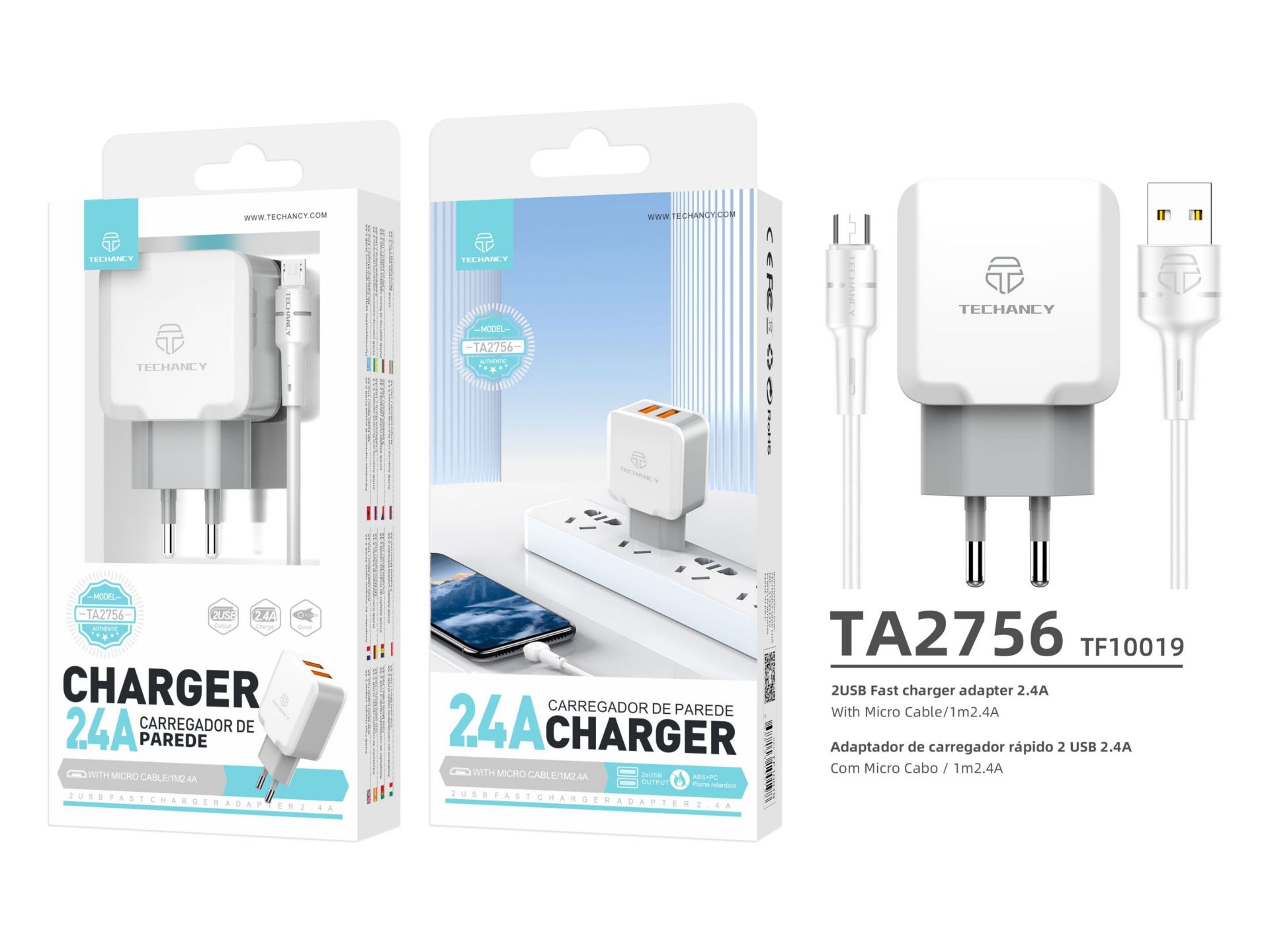 Carregador Com Cabo Micro Usb 2.4A 1M 2Usb Branco