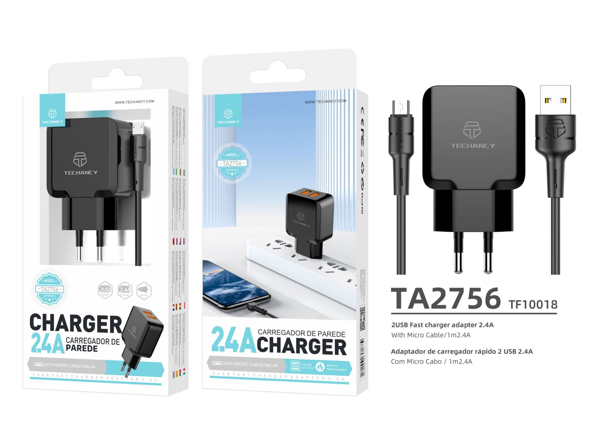 Charger With Micro Usb Cable 2.4A 1M 2Usb Black Charger With Micro Usb Cable 2.4A 1M 2Usb Black