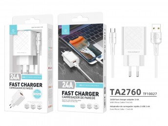Charger With Micro Usb Cable 2.4A 1M 2Usb White