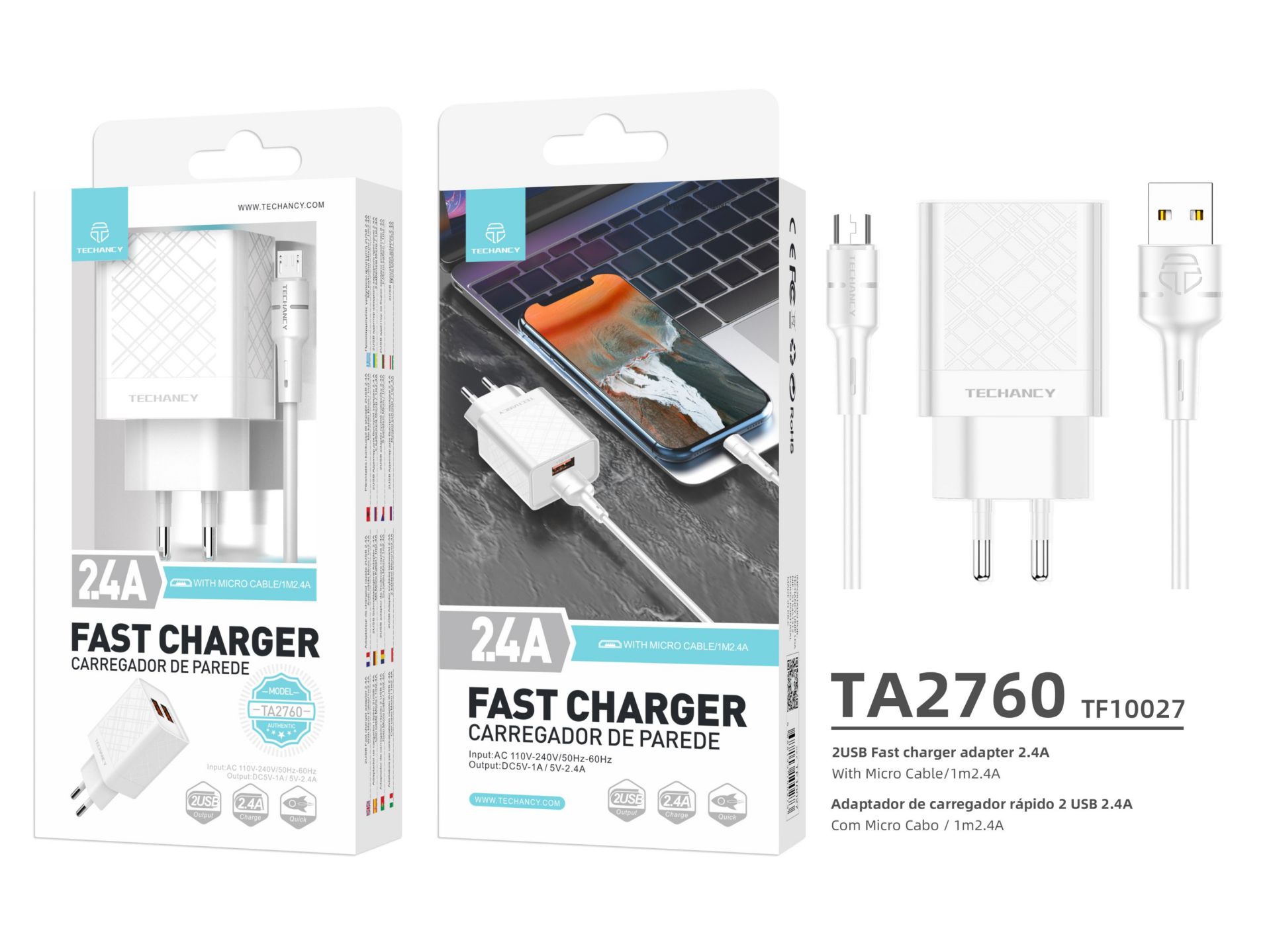 Carregador Com Cabo Micro Usb 2.4A 1M 2Usb Branco Carregador Com Cabo Micro Usb 2.4A 1M 2Usb Branco