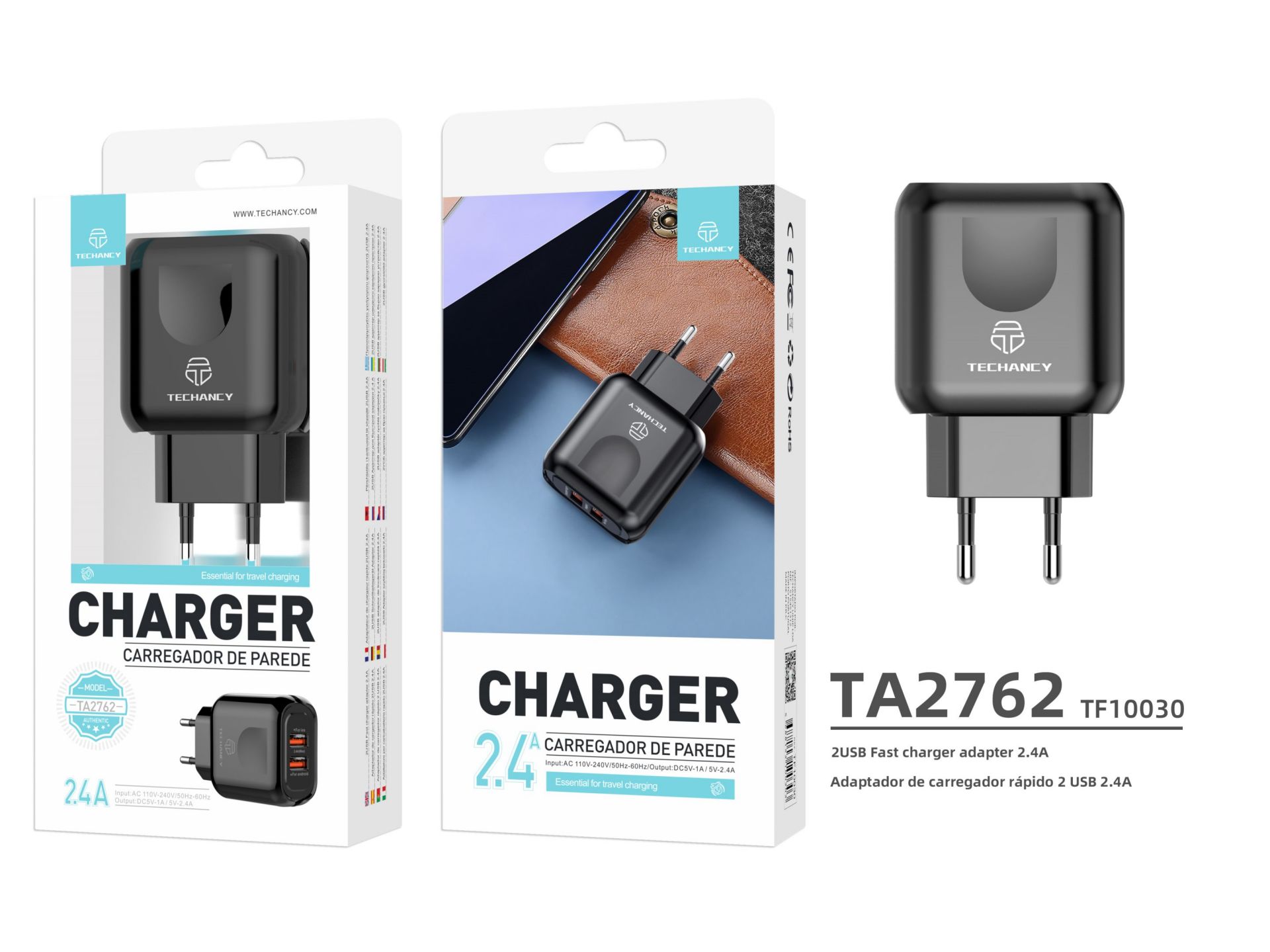Carregador Sem Cabo 2.4A 2Usb Preto Carregador Sem Cabo 2.4A 2Usb Preto
