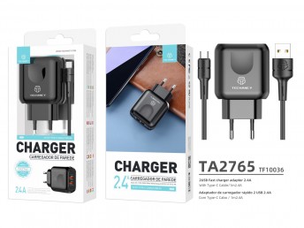 Chargeur Avec Cble Usb-Type C 2.4A 1M 2Usb Noir