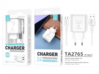 Chargeur avec cble USB-Type C 2.4A 1M 2Usb blanc