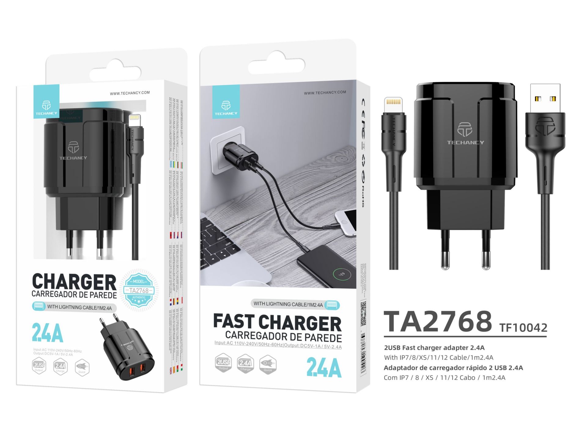 Charger With Cable For Ip 2.4A 1M 2Usb Black