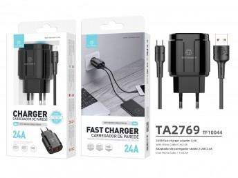 Charger With Micro Usb Cable 2.4A 1M 2Usb Black