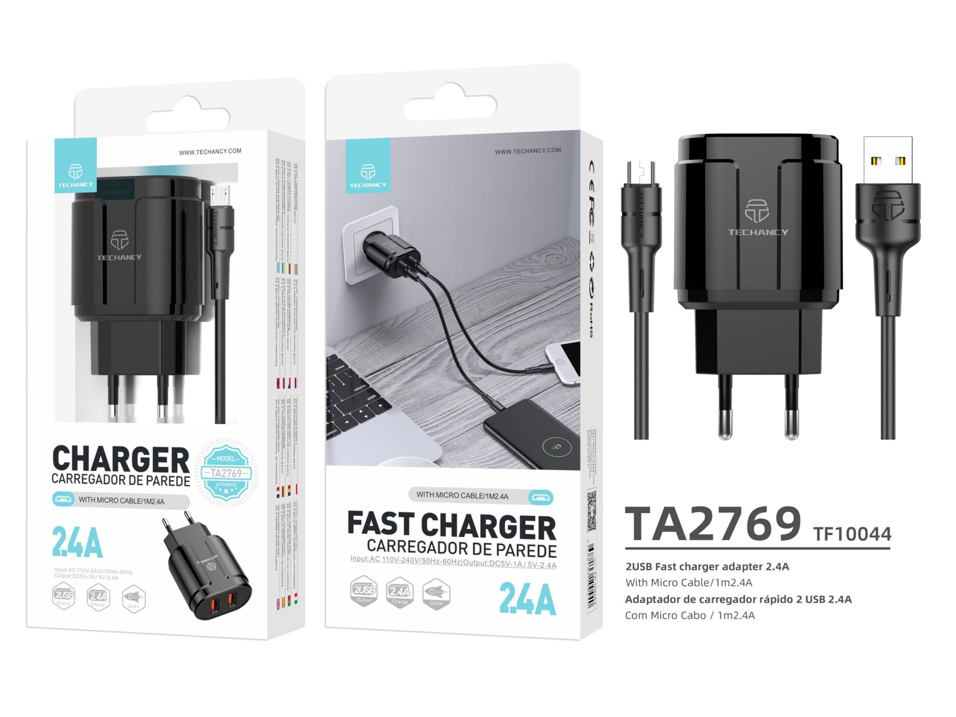 Carregador Com Cabo Micro Usb 2.4A 1M 2Usb Preto Carregador Com Cabo Micro Usb 2.4A 1M 2Usb Preto