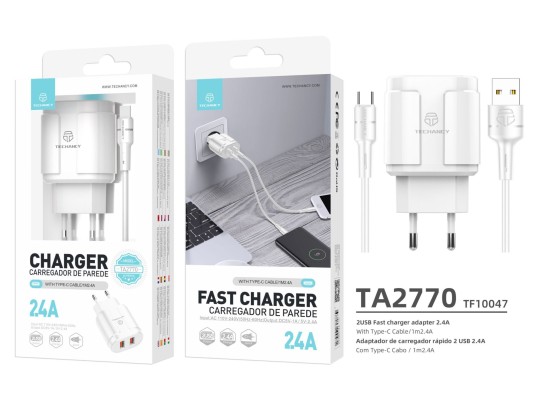 Cargador con cable USB-C 2.4A 1M 2USB blanco