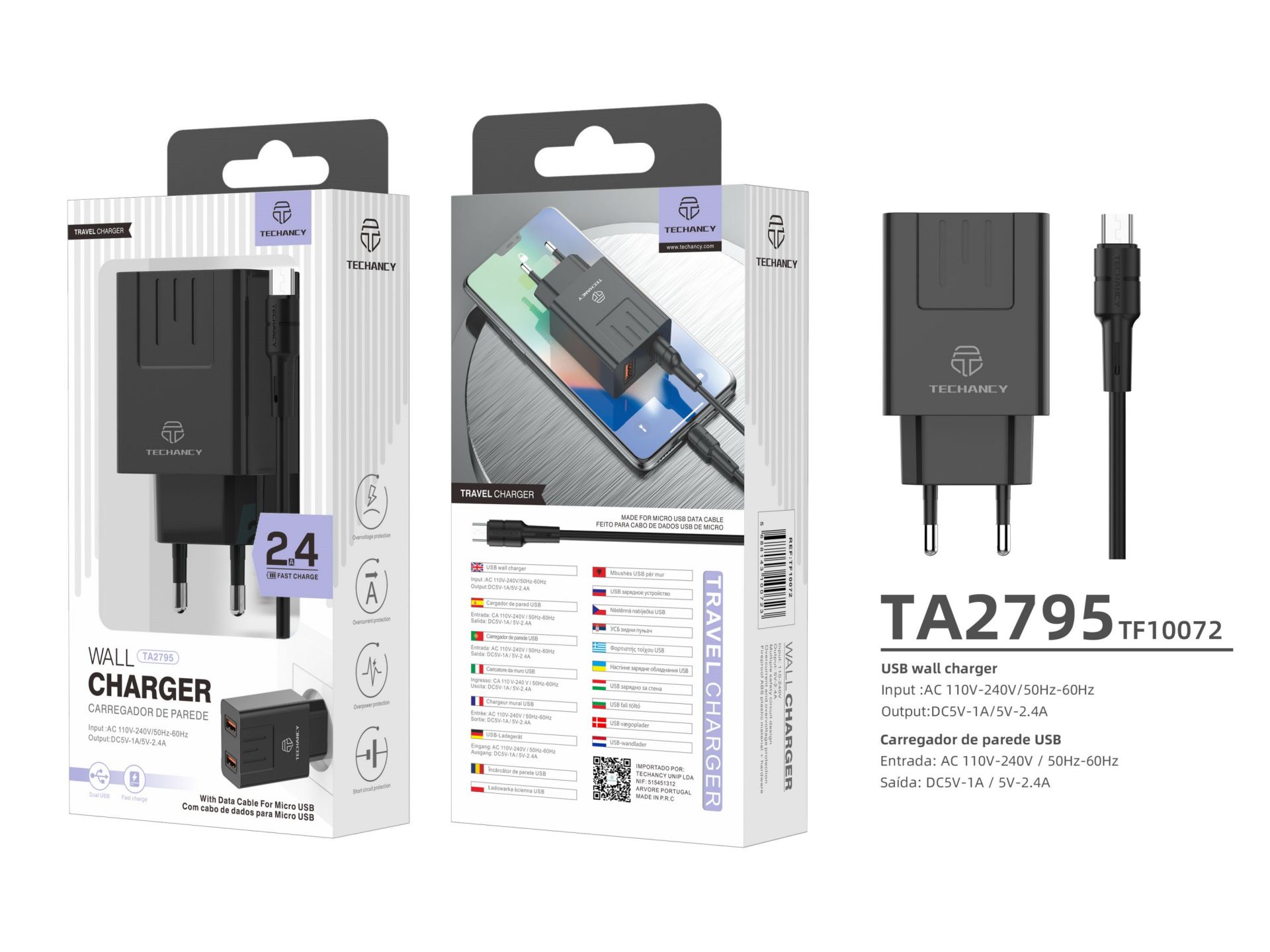 Carregador Com Cabo Para Micro Usb 2.4A 2Usb 1M Preto Carregador Com Cabo Para Micro Usb 2.4A 2Usb 1M Preto