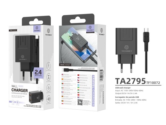 Caricabatterie Con Cavo Per Micro Usb 2.4A 2Usb 1M Nero