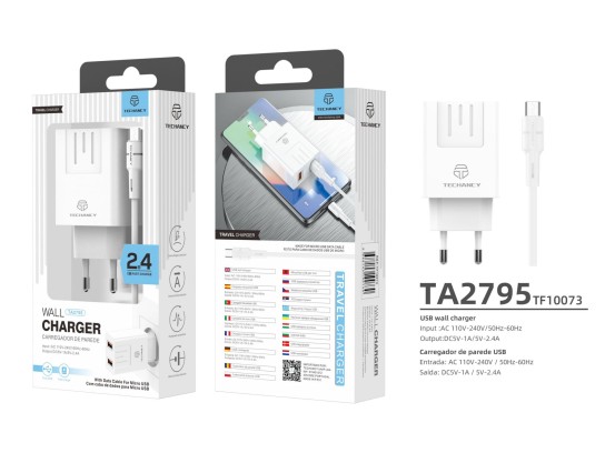 Carregador Com Cabo Para Micro Usb 2.4A 2Usb 1M Branco