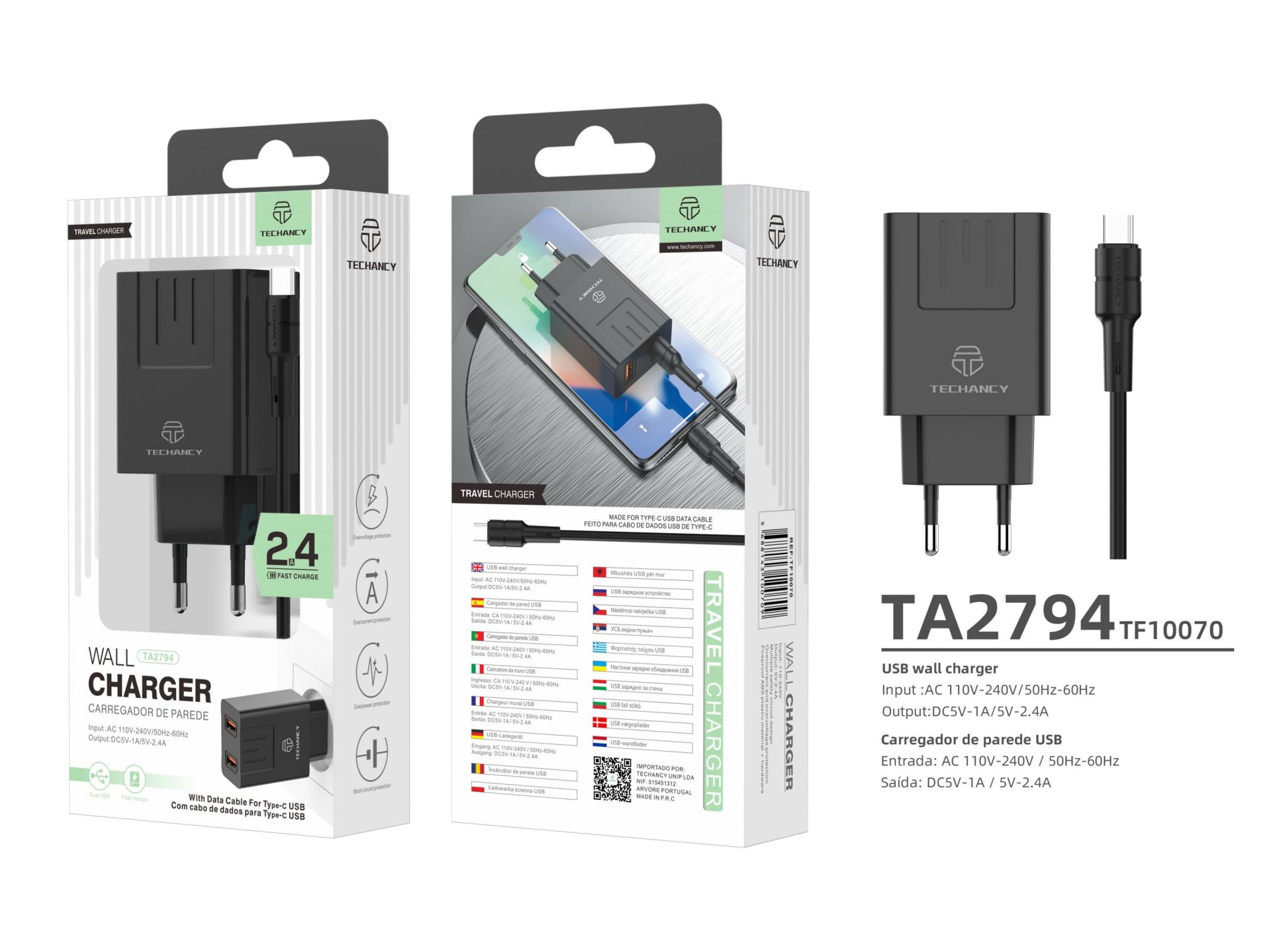 Ladegerät mit Kabel für Typ C 2.4A 2Usb 1M Schwarz Ladegerät mit Kabel für Typ C 2.4A 2Usb 1M Schwarz