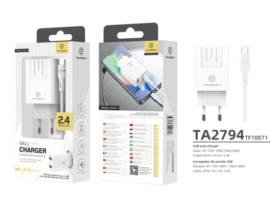 Caricabatterie Con Cavo Per Tipo-C 2.4A 2Usb 1M Bianco