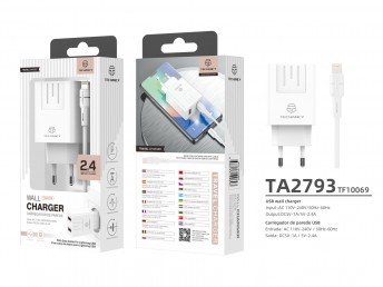 Charger With Cable For IP 2.4A 2Usb 1M White