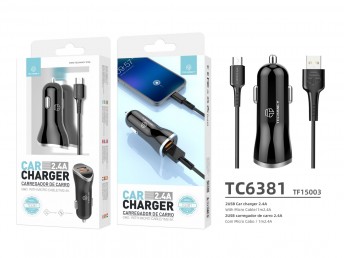 Chargeur de voiture avec cble micro USB 2.4A 1M 2Usb noir