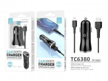 Car Charger With Cable For IP 6/7/8/X/Xs 2.4A 1M 2Usb Black