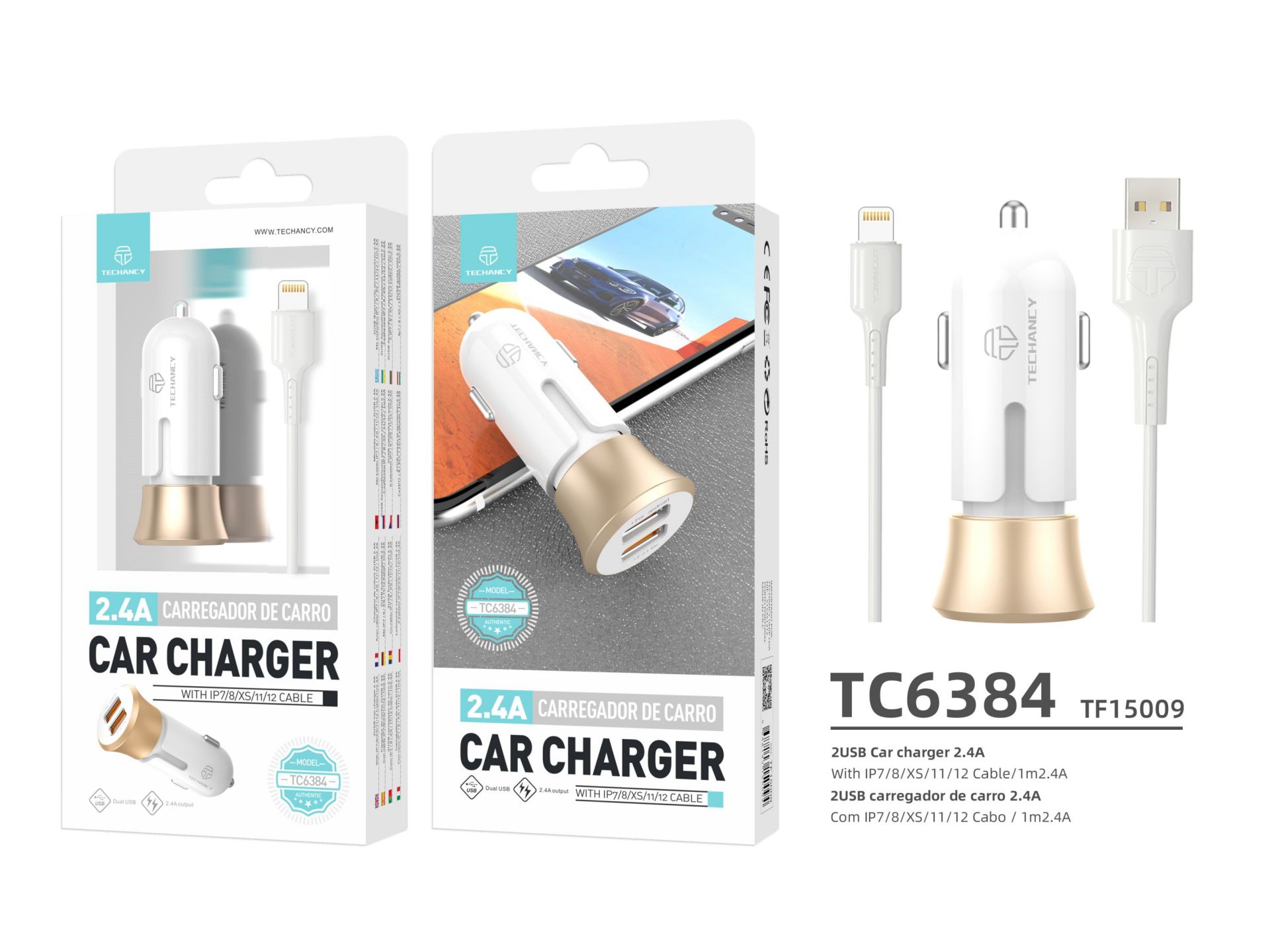 Chargeur de voiture avec câble pour Ip 6/7/8/X / Xs 2.4A 1M 2Usb blanc/or Chargeur de voiture avec câble pour Ip 6/7/8/X / Xs 2.4A 1M 2Usb blanc/or