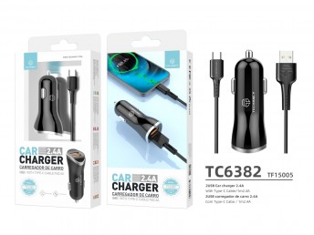 Chargeur de voiture avec cble type C 2.4A 1M 2Usb noir