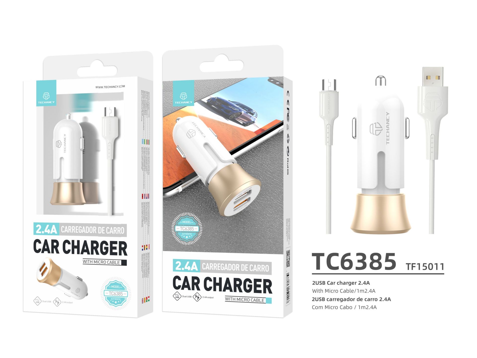 Carregador De Carro Com Cabo Micro Usb 2.4A 1M 2Usb Branco/Dourado Carregador De Carro Com Cabo Micro Usb 2.4A 1M 2Usb Branco/Dourado