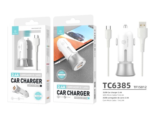 Chargeur de voiture avec cble micro USB 2.4A 1M 2Usb blanc/argent