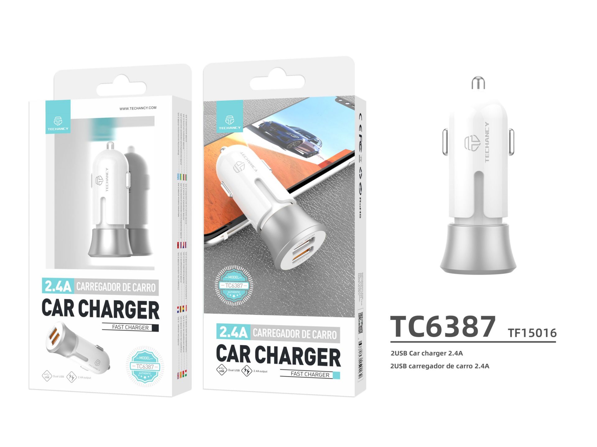Cargador de coche 2.4A2USB blanco/plateado Cargador de coche 2.4A2USB blanco/plateado