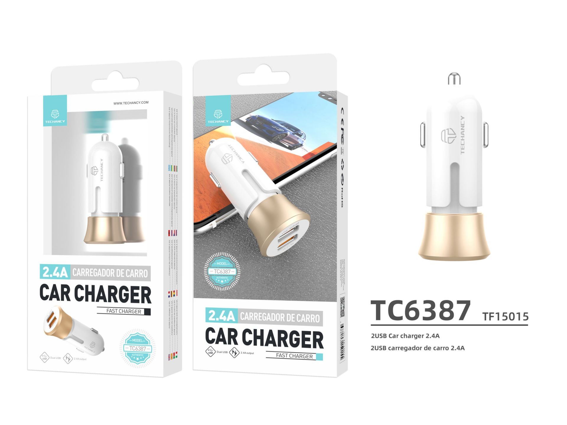 Carregador De Carro Sem Cabo 2.4A 2Usb Branco/Dourado Carregador De Carro Sem Cabo 2.4A 2Usb Branco/Dourado