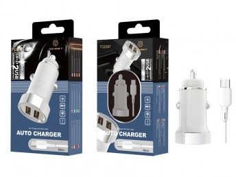 Car Charger With Micro Usb Cable 2.4A 1M 2Usb White/Silver