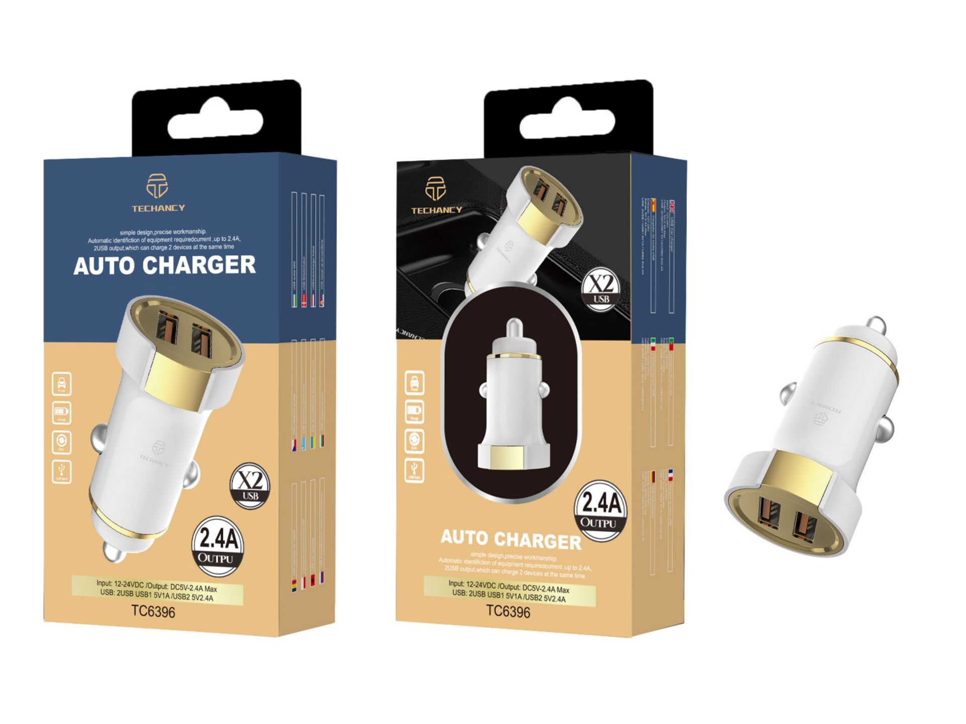 Caricabatterie da auto 2.4A 2Usb Bianco/Oro Caricabatterie da auto 2.4A 2Usb Bianco/Oro