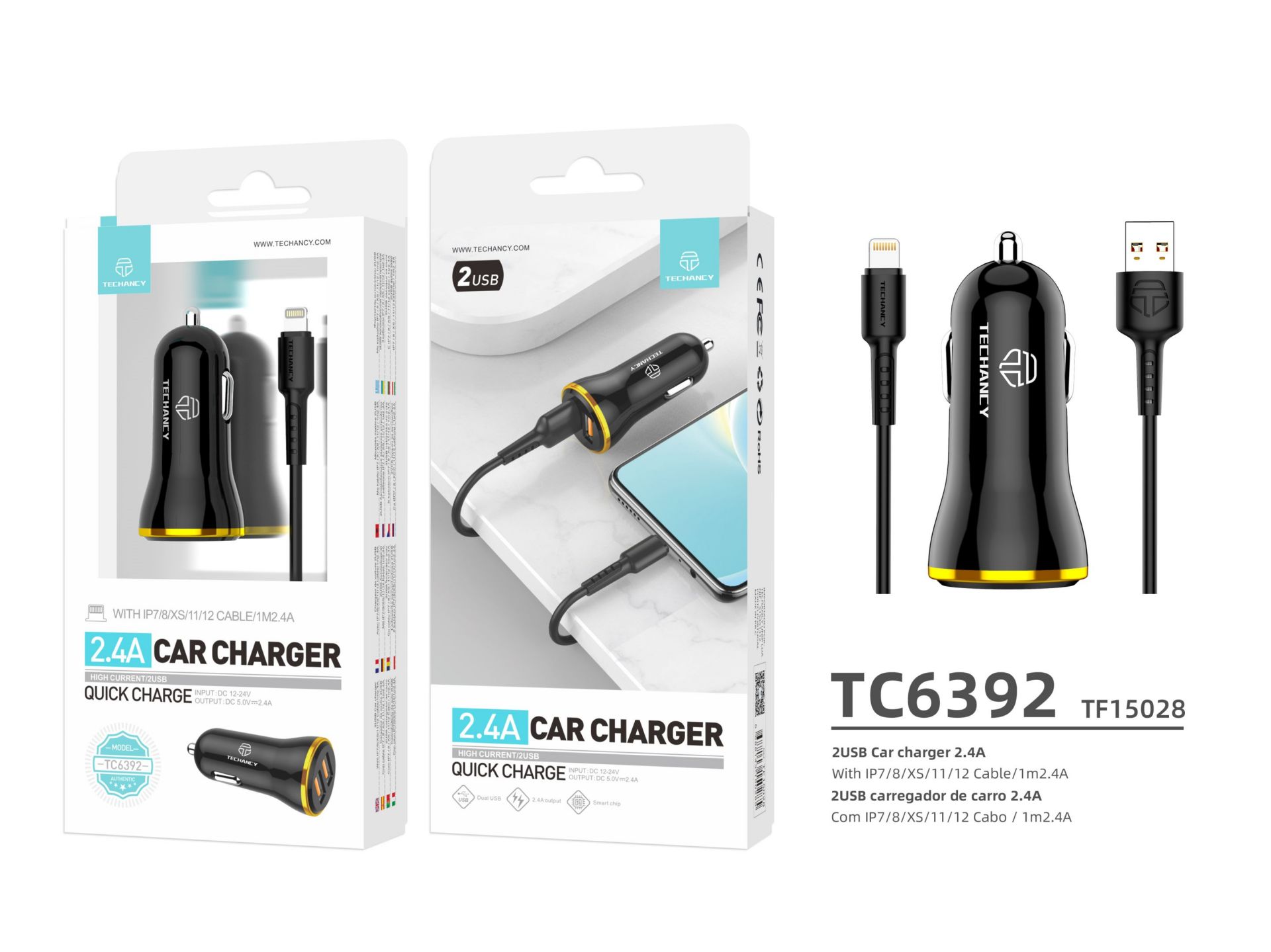 Car Charger With Cable For Ip 6/7/8 / X / Xs 2.4A 1M 2Usb Black/Gold Car Charger With Cable For Ip 6/7/8 / X / Xs 2.4A 1M 2Usb Black/Gold
