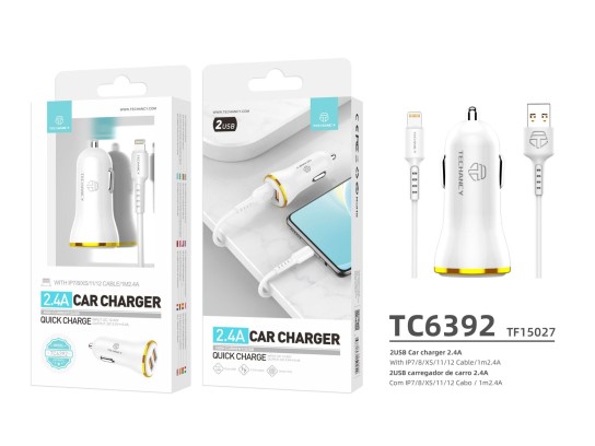 Car Charger With Cable For Ip 6/7/8/X / Xs 2.4A 1M 2Usb White/Gold