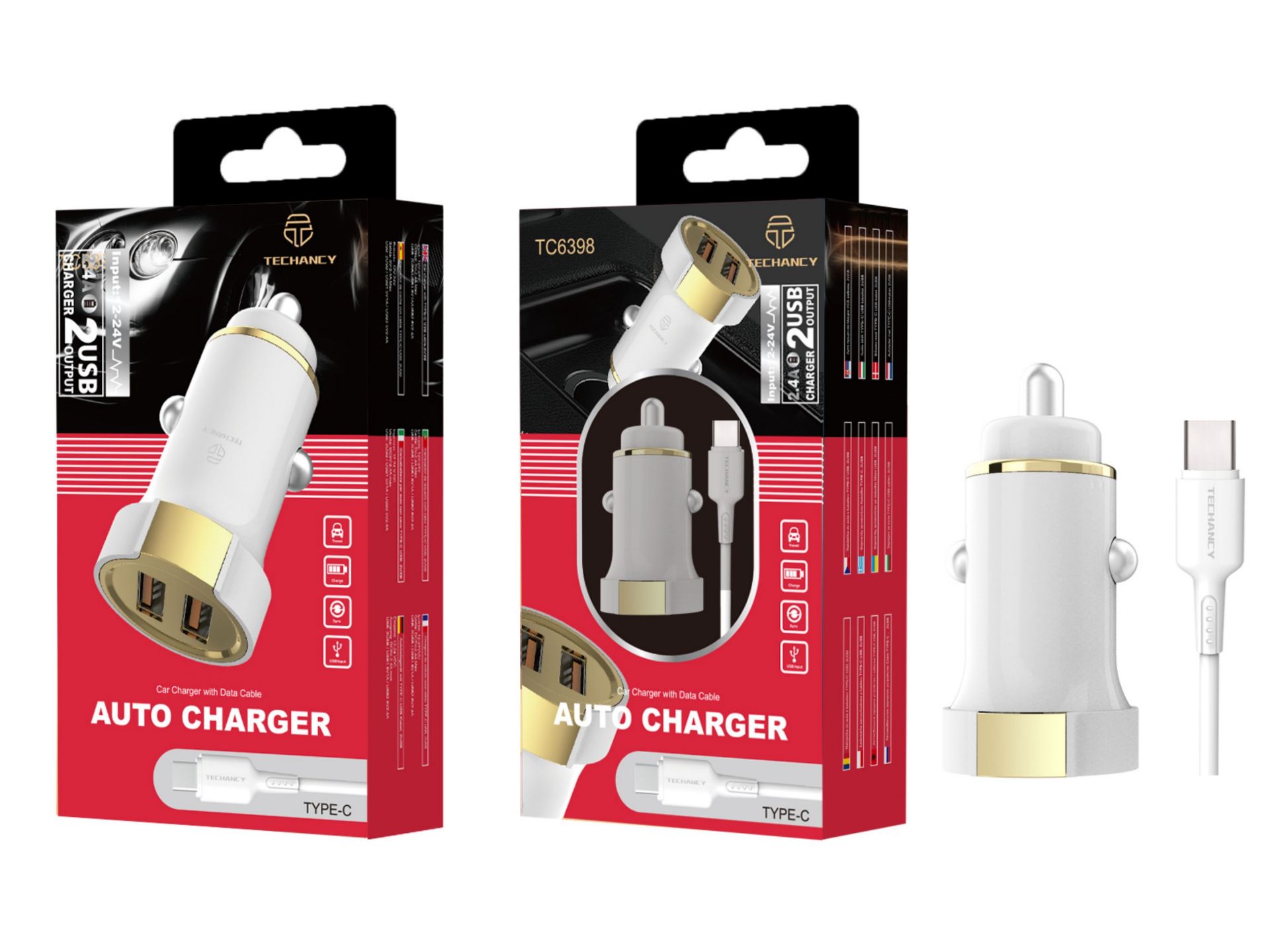C2.4A 1M2USB con cargador de coche de cable blanco/oro C2.4A 1M2USB con cargador de coche de cable blanco/oro