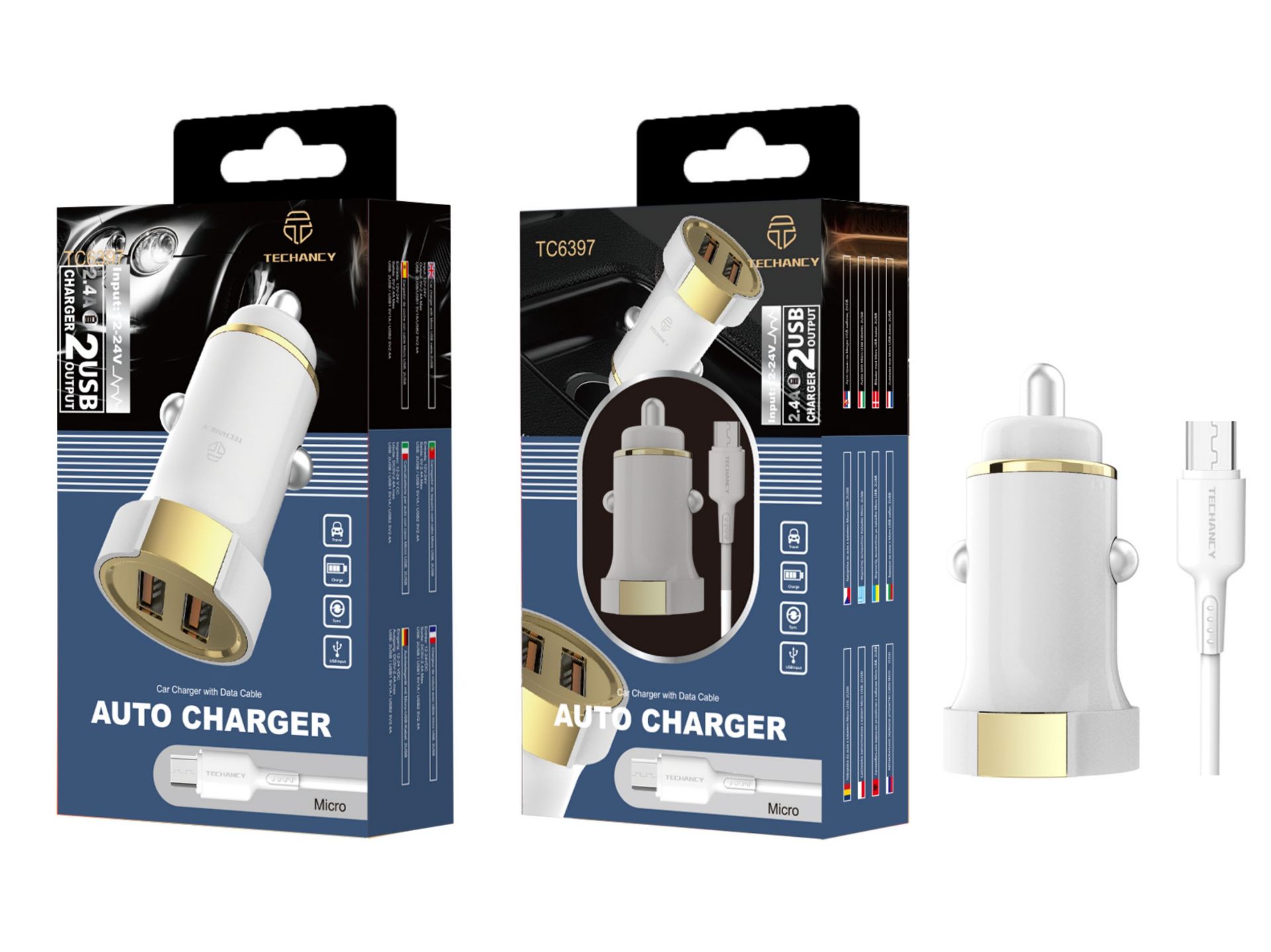 Carregador De Carro Com Cabo Micro Usb 2.4A 1M 2Usb Branco/Dourado Carregador De Carro Com Cabo Micro Usb 2.4A 1M 2Usb Branco/Dourado